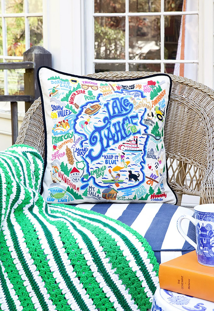 Lake Tahoe Hand-Embroidered Pillow