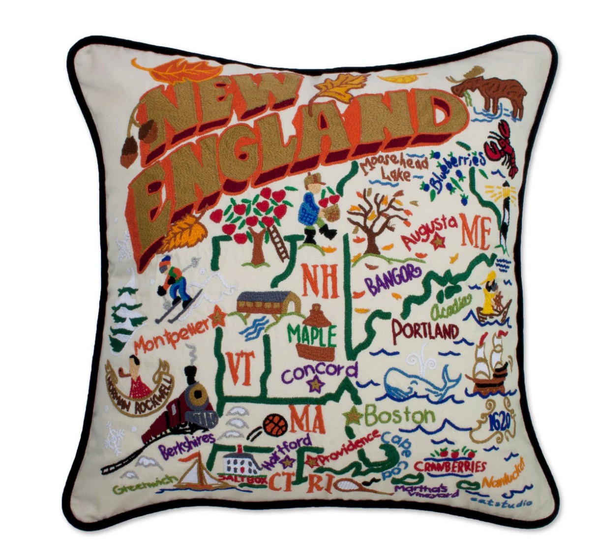 New England Hand-Embroidered Pillow