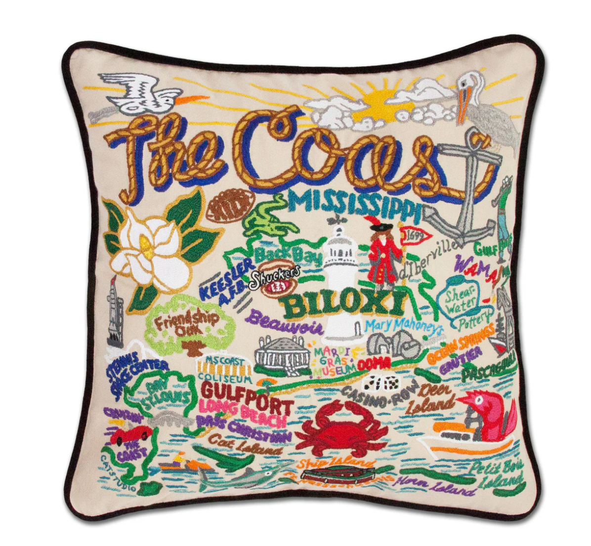 Mississippi Coast Hand-Embroidered Pillow