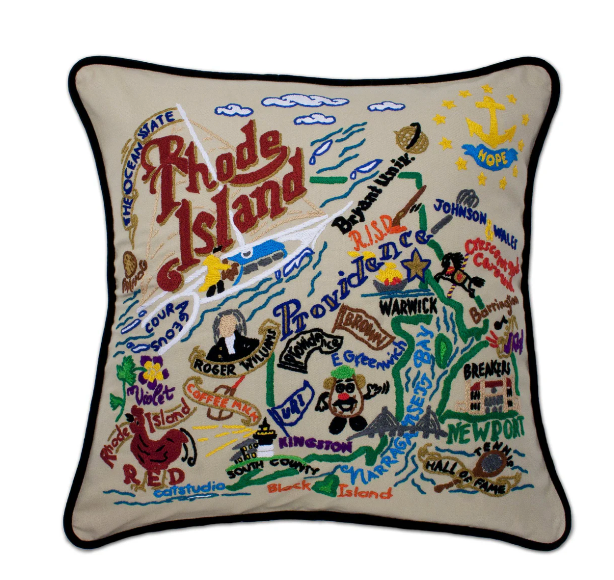 Rhode Island Hand-Embroidered Pillow