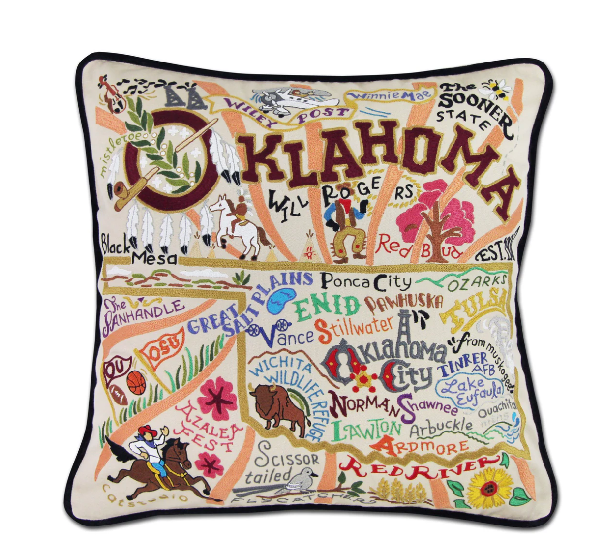 Oklahoma Hand-Embroidered Pillow