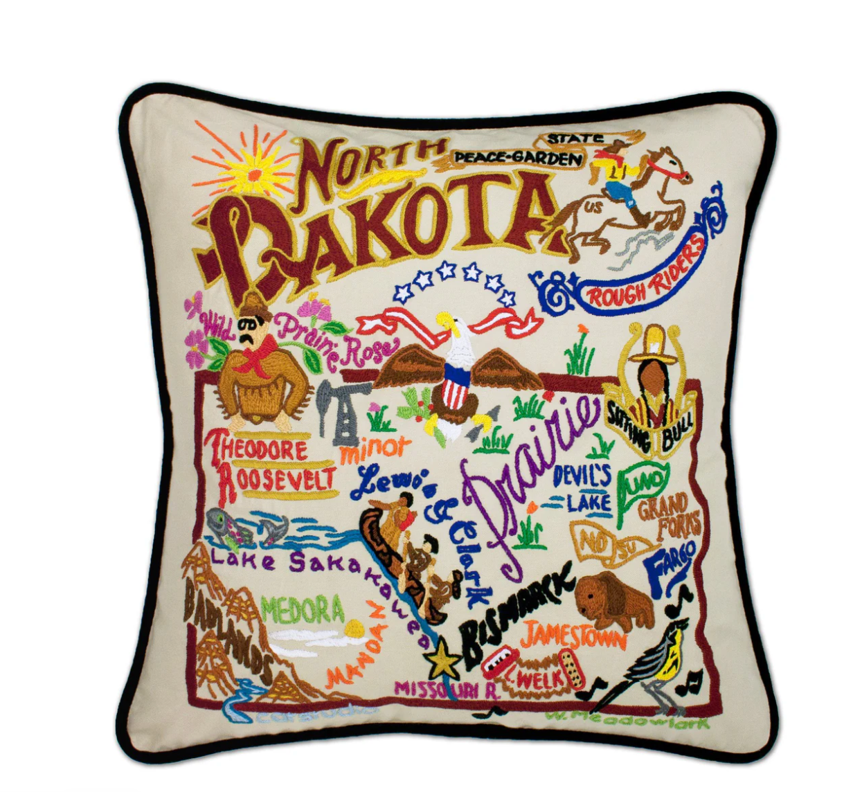 North Dakota Hand-Embroidered Pillow