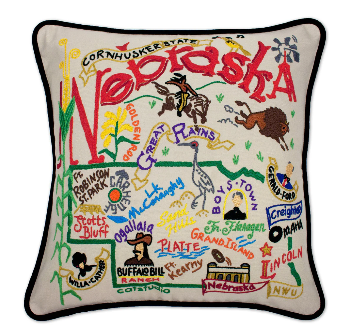 Nebraska Hand-Embroidered Pillow
