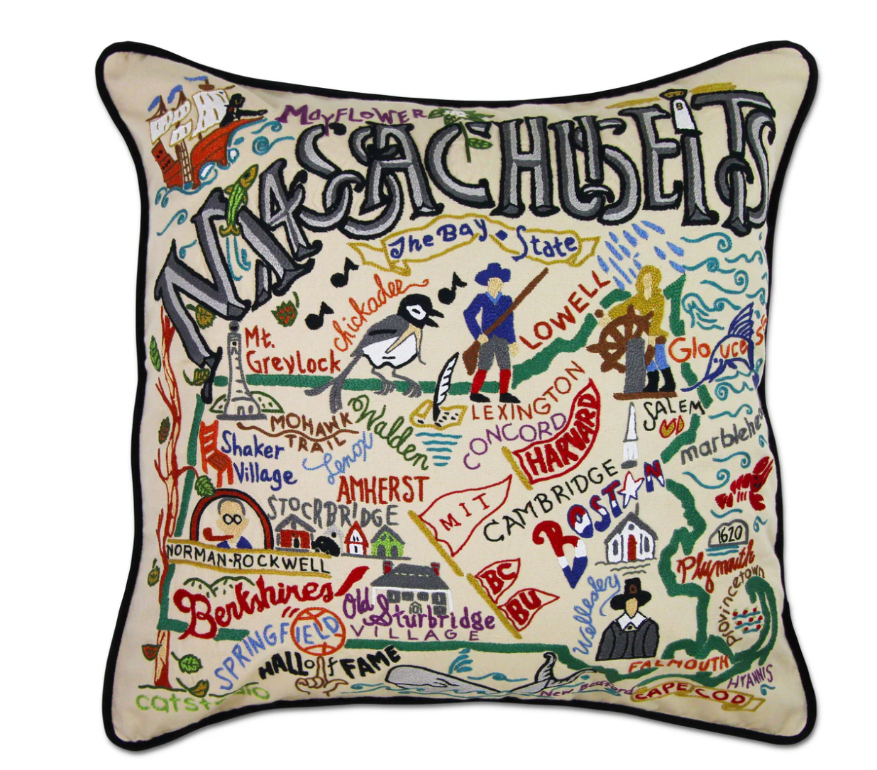 Massachusetts Hand-Embroidered Pillow