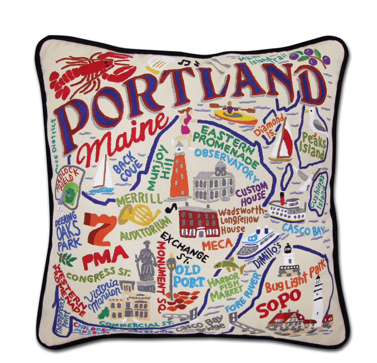 Portland, ME Hand-Embroidered Pillow