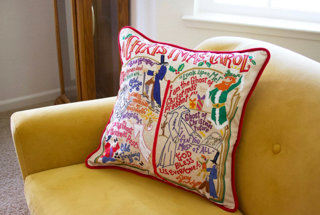 Christmas Carol Hand-Embroidered Pillow