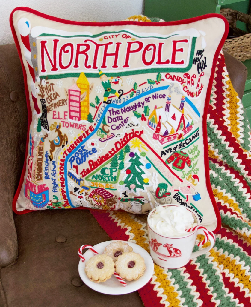 North Pole City Hand-Embroidered Pillow