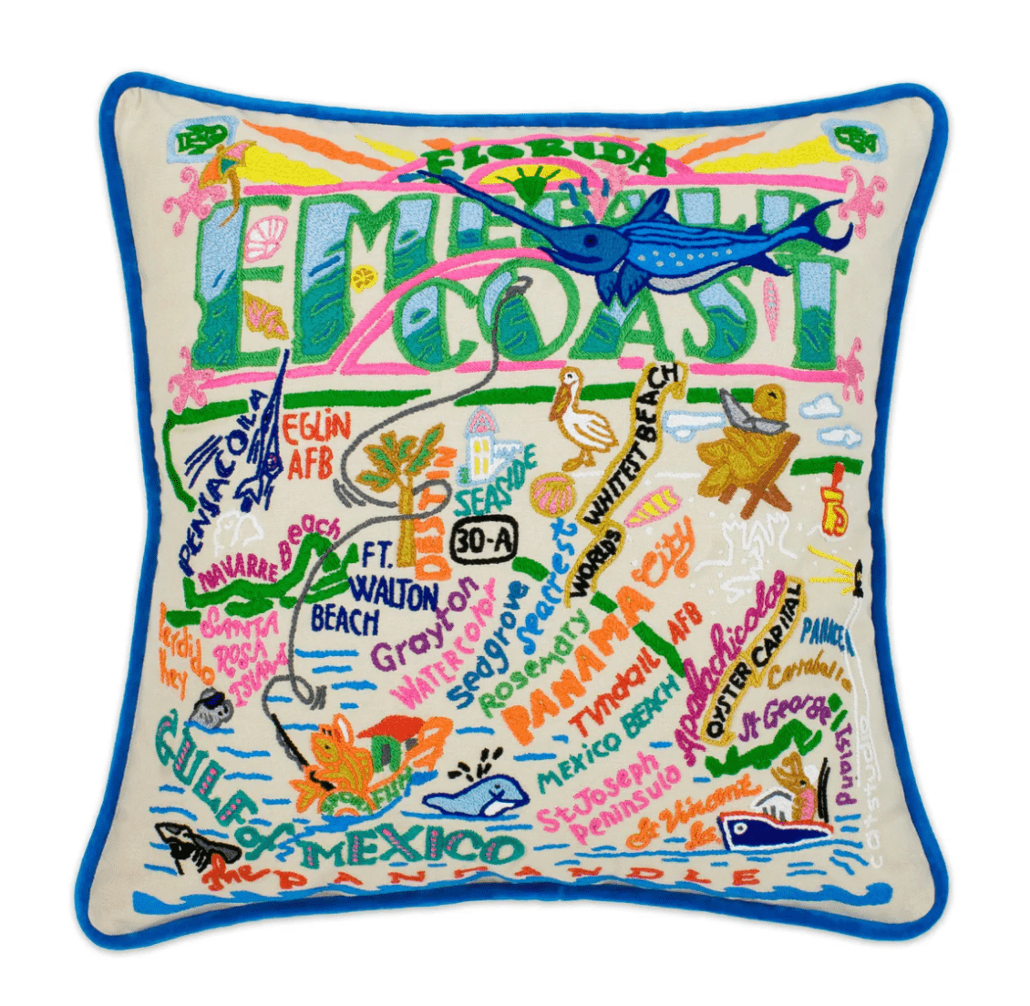 Emerald Coast Hand - Embroidered Pillow - Veranda Cafe & Mercantile