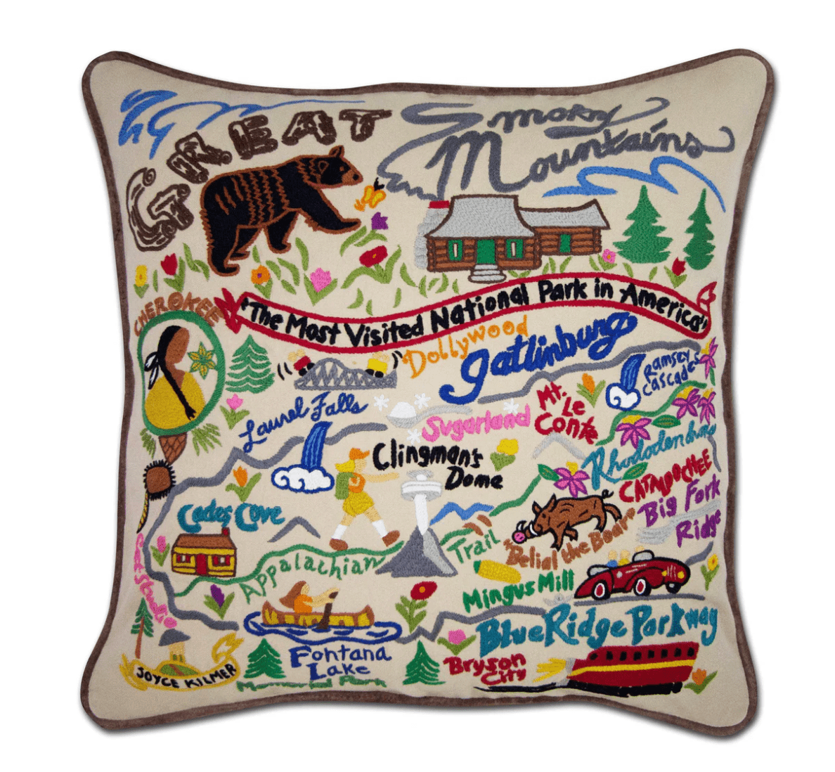 Great Smoky Mountains Hand - Embroidered Pillow - Veranda Cafe & Mercantile