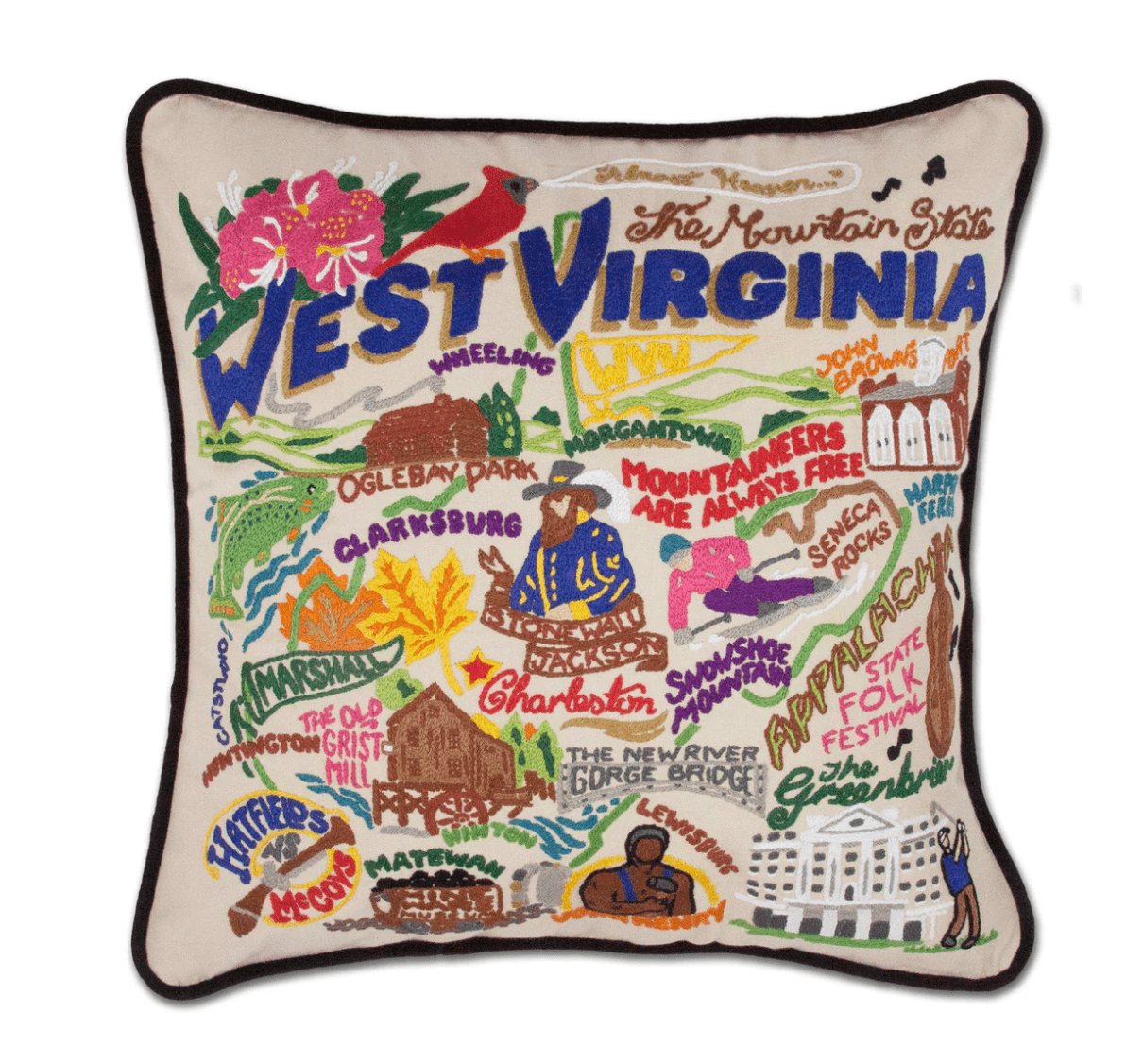 West Virginia Hand - Embroidered Pillow - Veranda Cafe & Mercantile