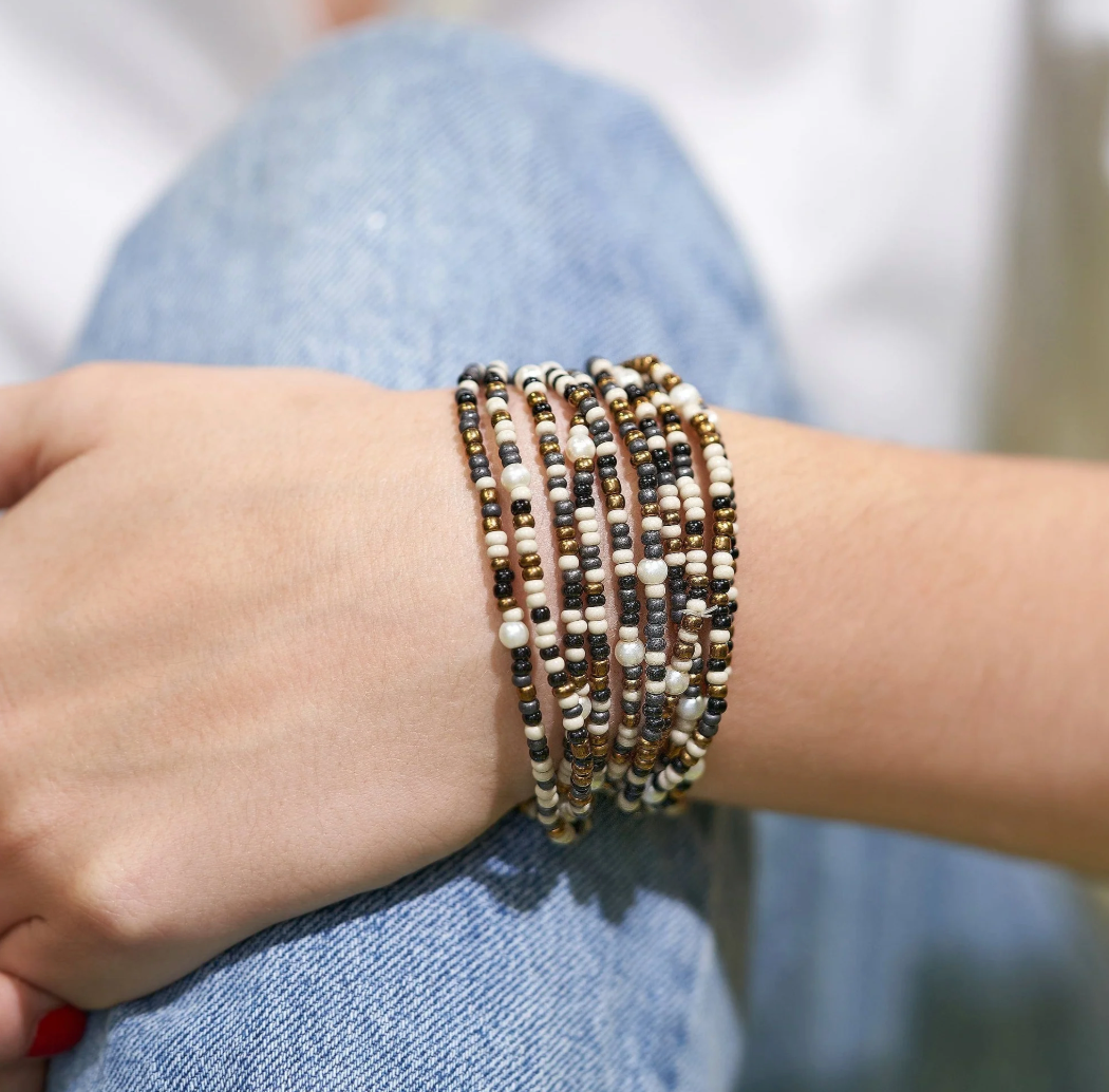 Sage Confetti Beaded 10 Strand Stretch Bracelets Black