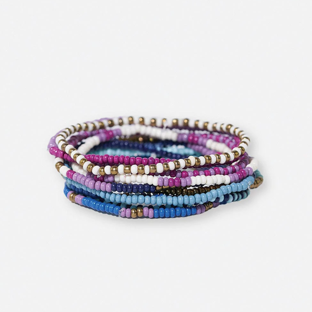 Sage Mixed Stripe Beaded 10 Strand Stretch Bracelet Set Blue + Lavender