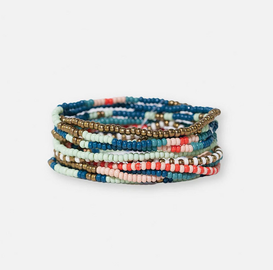 Sage Mixed Stripe Beaded 10 Strand Stretch Bracelet Set Teal + Poppy