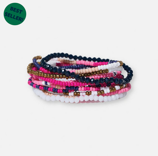 Sage Mixed Stripe Beaded 10 Strand Stretch Bracelets Hot Pink