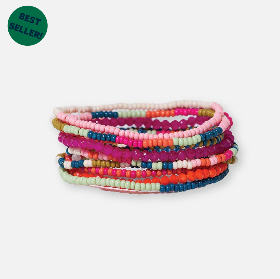 Sage Mixed Stripe Beaded 10 Strand Stretch Bracelets Rainbow