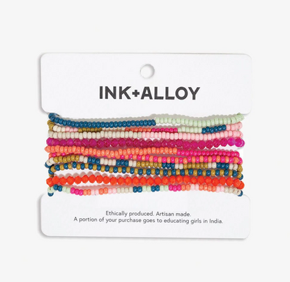 Sage Mixed Stripe Beaded 10 Strand Stretch Bracelets Rainbow