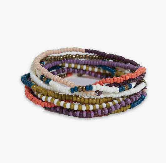 Sage Mixed Stripe Beaded 10 Strand Stretch Bracelet Set Citron + Coral