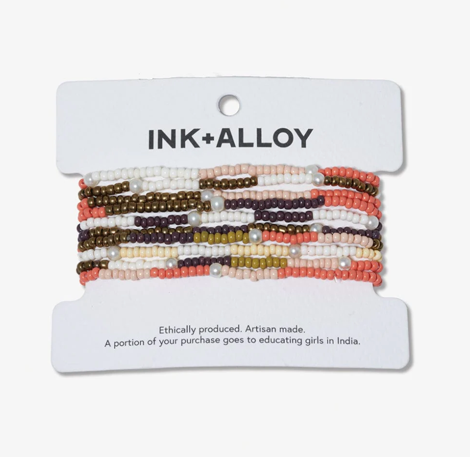 Sage Mixed Colorblocks With Pearls Beaded 10 Strand Stretch Bracelet Set Jaipur