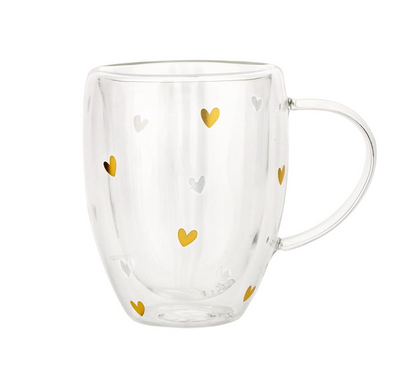 Double-Wall Tea Cup with Handle - Gold Foil Hearts