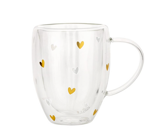 Double-Wall Tea Cup with Handle - Gold Foil Hearts