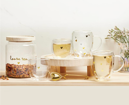 Double-Wall Tea Cup with Handle - Gold Foil Hearts