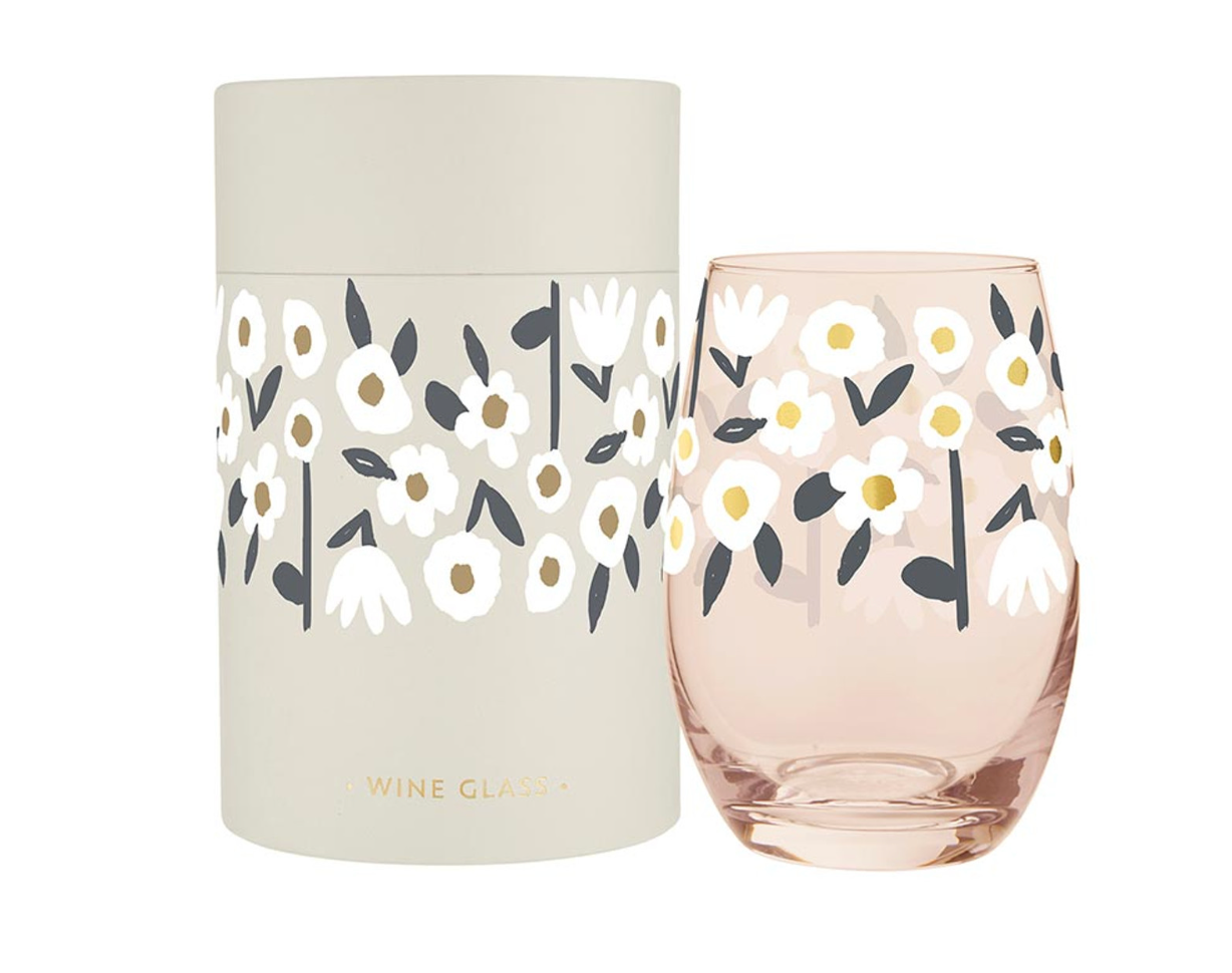 Gold Foil Stemless Wine Glass - Flowers