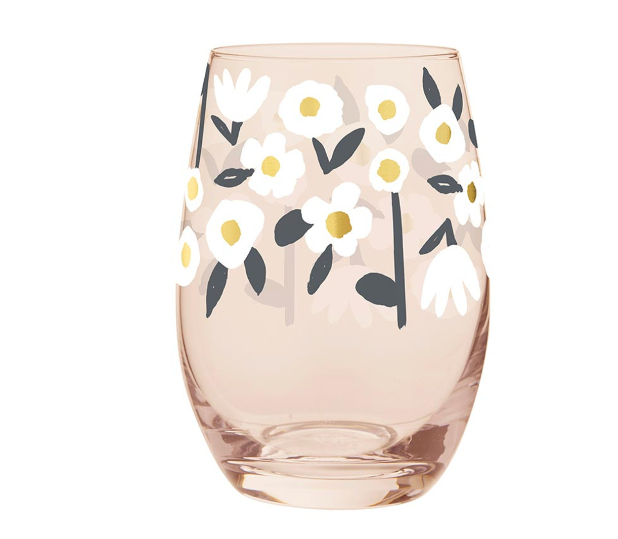 Gold Foil Stemless Wine Glass - Flowers