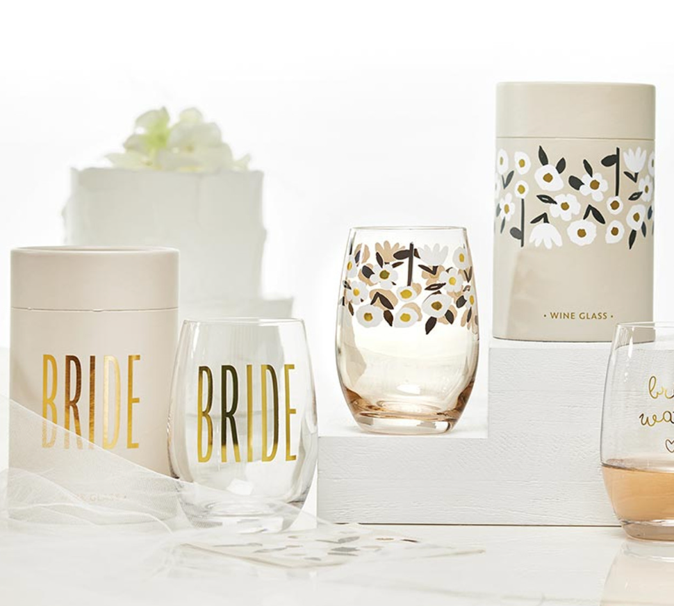Gold Foil Stemless Wine Glass - Flowers