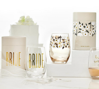 Gold Foil Stemless Wine Glass - Flowers