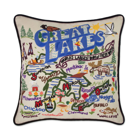 Great Lakes Hand-Embroidered Pillow
