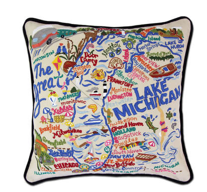 Lake Michigan Hand-Embroidered Pillow