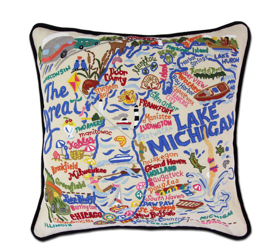 Lake Michigan Hand-Embroidered Pillow