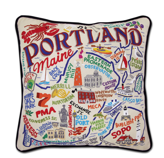 Portland, ME Hand-Embroidered Pillow