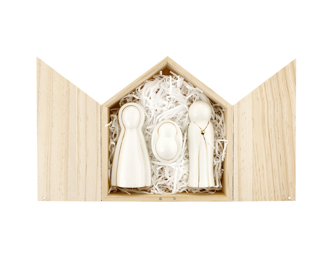 Ceramic Figurines Pine Wood Box - Holy Family - Large
