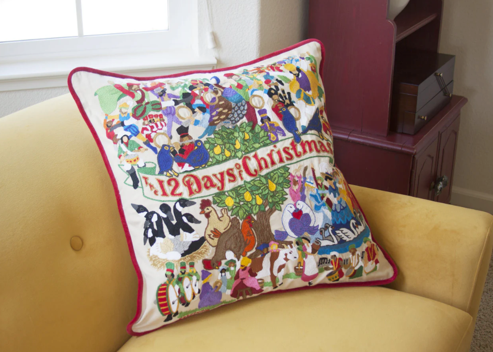 12 Days of Christmas Hand-Embroidered Pillow