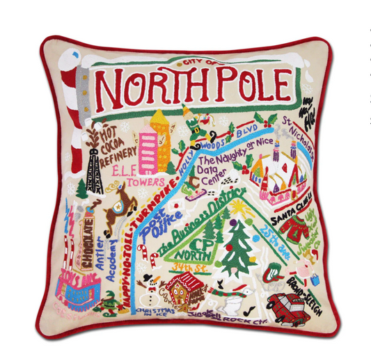 North Pole City Hand-Embroidered Pillow