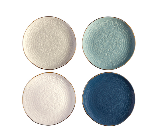 Blue Gold Rim Stamped Plates - Set of 4