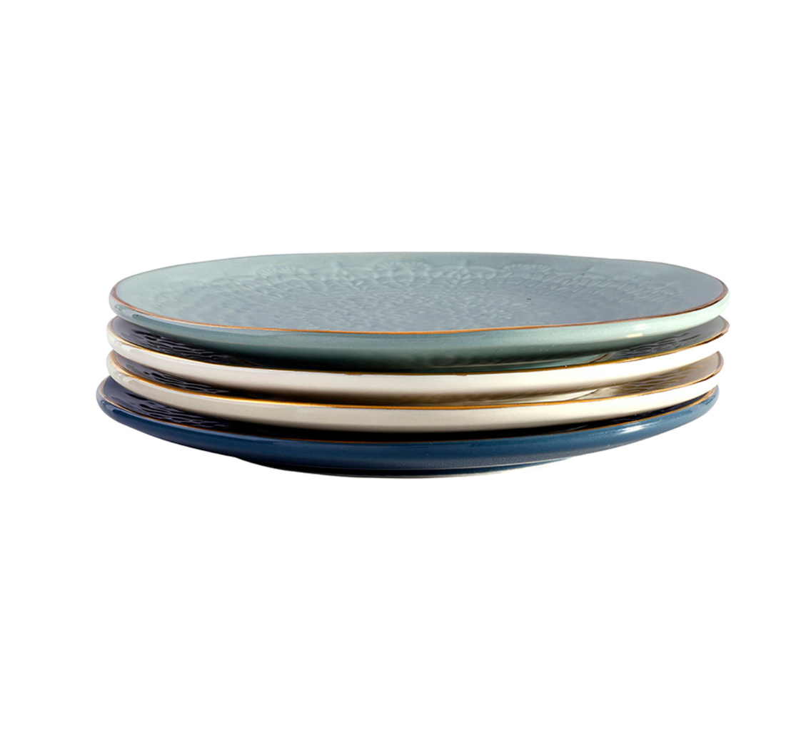 Blue Gold Rim Stamped Plates - Set of 4