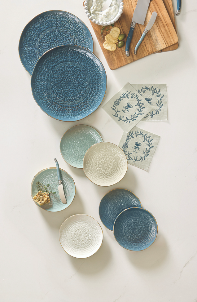 Blue Gold Rim Stamped Plates - Set of 4