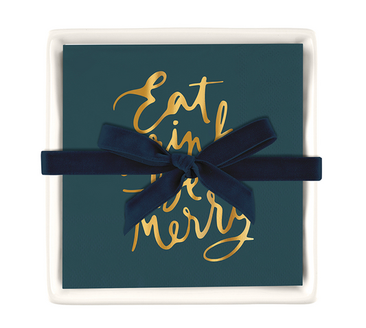 Ceramic Napkin Tray + Napkins - Eat Drink and be Merry