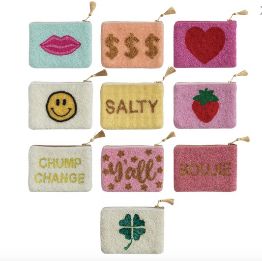 Beaded Cotton Blend Zip Pouch