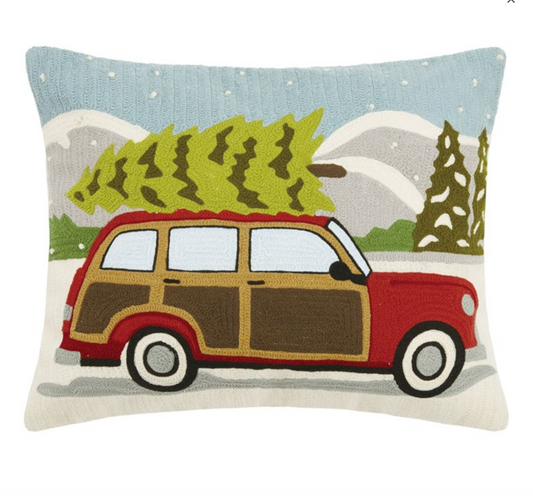 Wagon Tree Crewel Embroidered Pillow Poly Filled