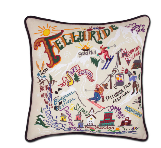 Ski Telluride Hand-Embroidered Pillow