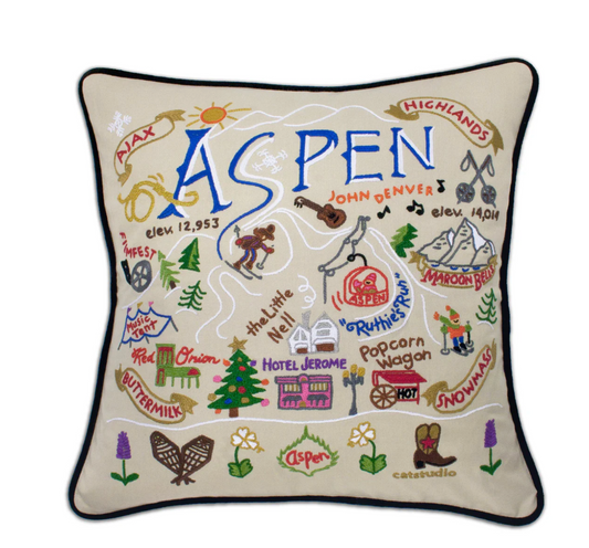 Ski Aspen Hand-Embroidered Pillow