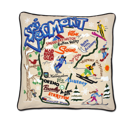 Ski Vermont Hand-Embroidered Pillow