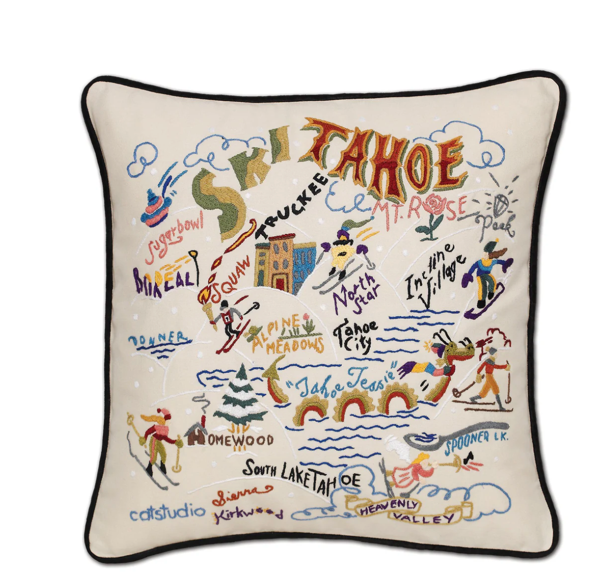 Ski Tahoe Hand-Embroidered Pillow