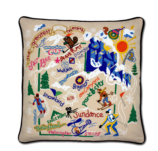 Ski Utah Hand-Embroidered Pillow