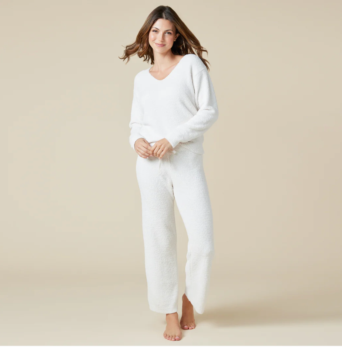 Solid Marshmallow V-Neck Lounge Set - Almond