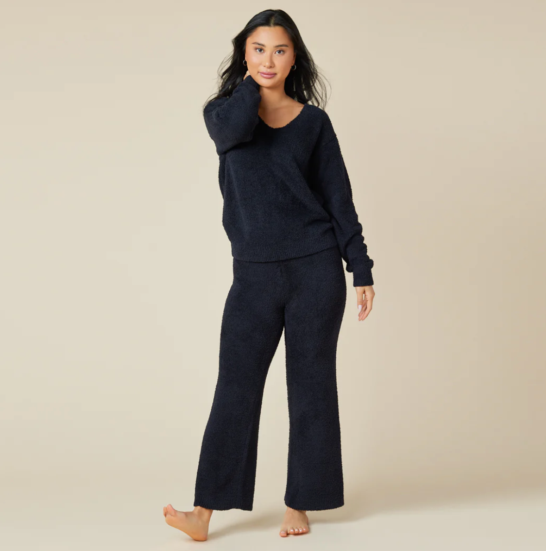 Solid Marshmallow V-Neck Lounge Set - Black