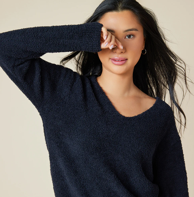 Solid Marshmallow V-Neck Lounge Set - Black